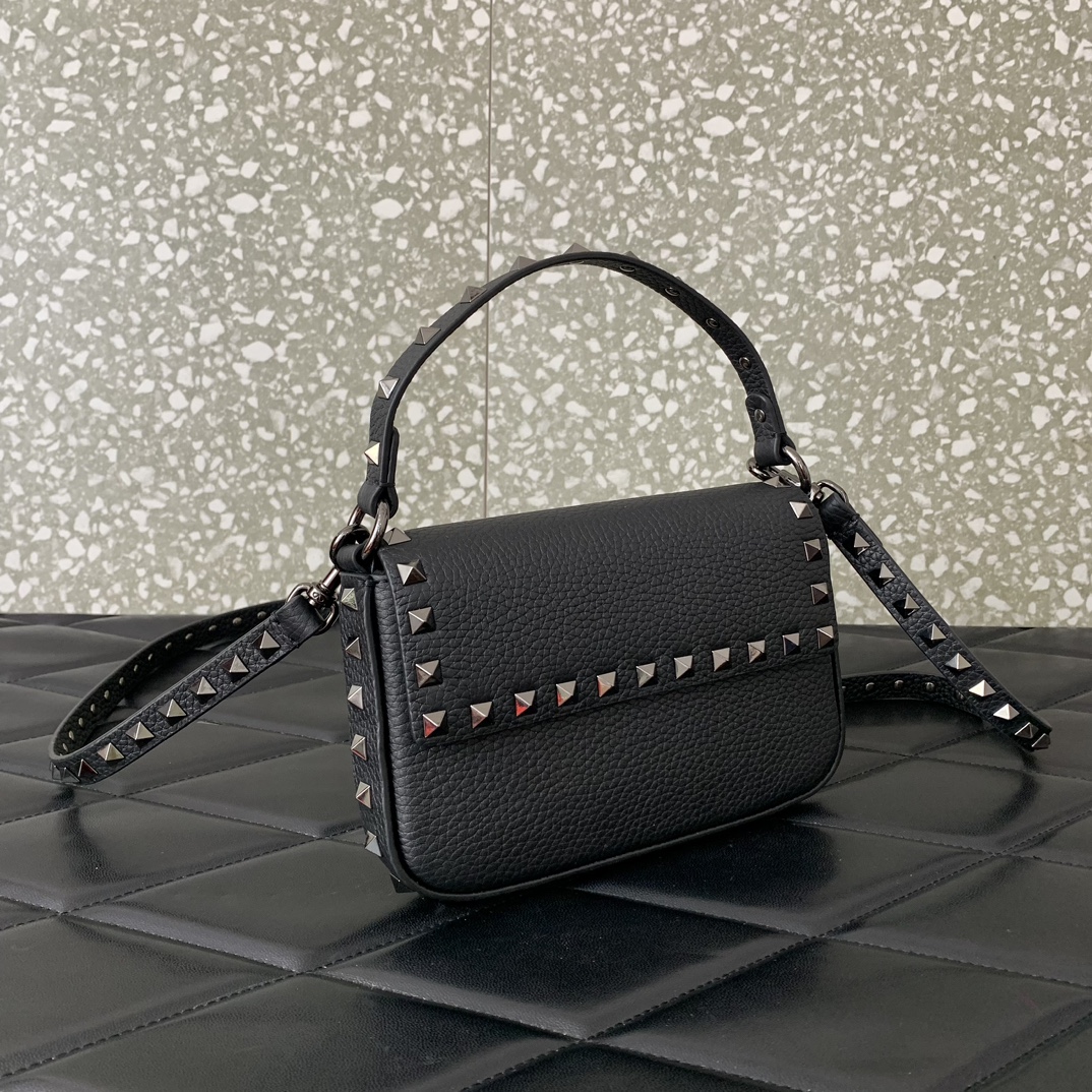 Valentino Garavani Rockstud Small Shoulder Bag in Black Grainy Calfskin